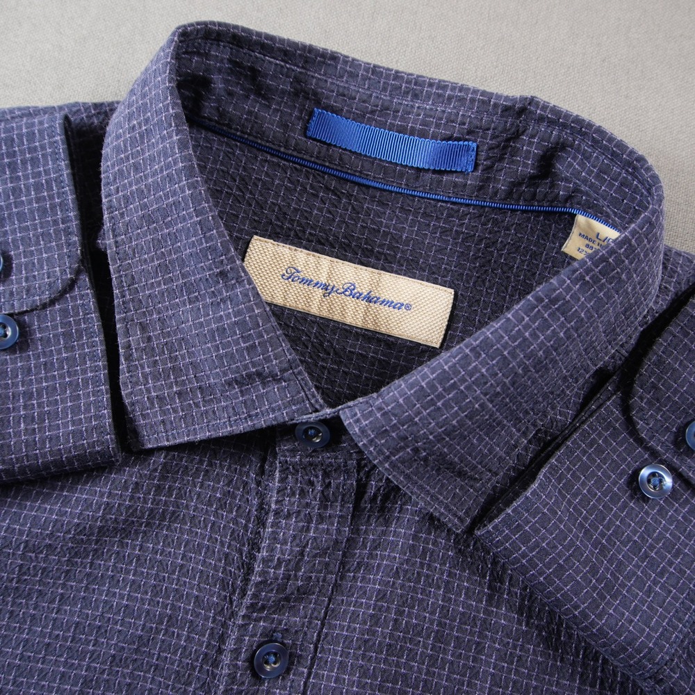 Tommy Bahama Silk Cotton Grid Texture Long Sleeve Vacation Coastal Shirt L Blue